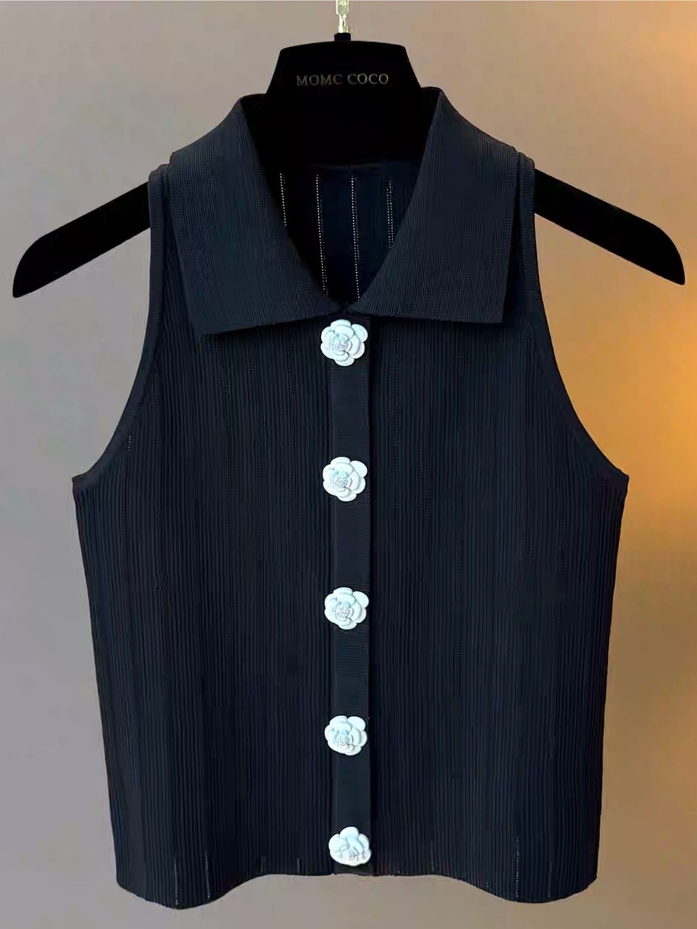 Black Sleeveless Collared Top with Floral Buttons